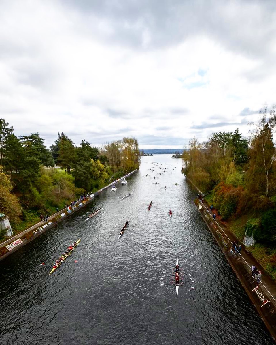 Several eights are pictured rowing through the Montlake Cut. 