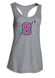 A grey tank top with a red and navy SRA logo that is a large 