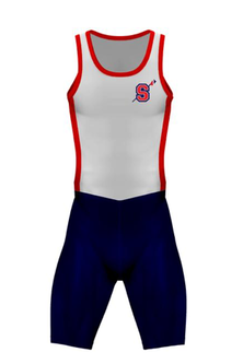 A mens unisuit is shown with red, white, and navy colors. The SRA logo is on the left side of the chest.
