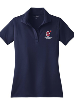 A navy polo shirt is shown with the SRA logo on the left side of the chest