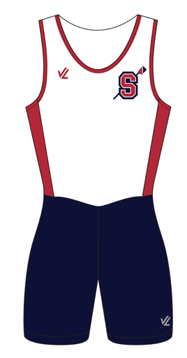 A women's unisuit is shown with red, white, and navy colors. The SRA logo is on the left side of the chest.