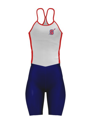 A women's unisuit is shown with red, white, and navy colors. The SRA logo is on the left side of the chest.