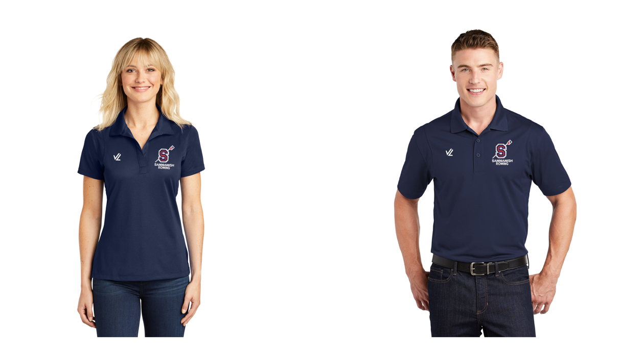 A navy polo shirt is shown with the SRA logo on the left side of the chest